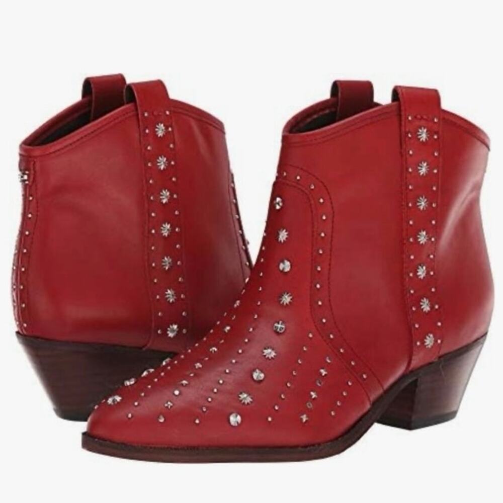 Sam Edelman Red Studded Western Ankle Booties Leather Size 7.5